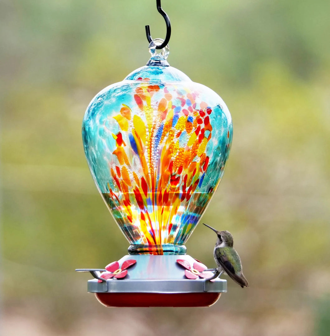 Hand Blown Glass Hummingbird Feeder - 34 Ounces